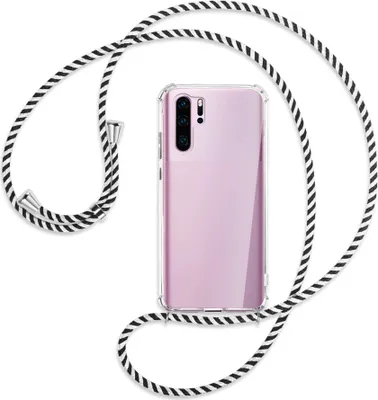 Produktbild von Handykette Backcover-Schutzhülle mit Band (Metall silberfarben) für Huawei P30 Pro - schwarz/weiß gestreift