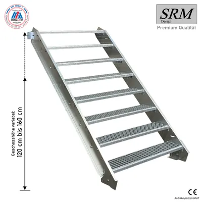 A metal staircase with multiple steps is shown against a white background.