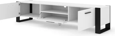 A white TV stand with black legs and open doors, showing its interior shelves and compartments.