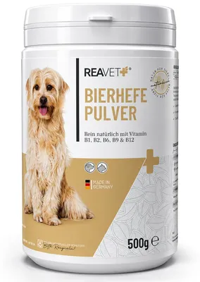 Produktbild von REAVET Bierhefe Pulver für Hunde & Katzen 500g – Reines Naturprodukt für glänzendes Fell & Vitale Haut – Reich an Biotin, B-Vitaminen