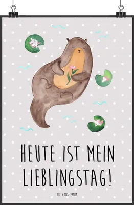 Produktbild von Mr. & Mrs. Panda Bild Otter Seerose DIN A2 - Grau Pastell - Geschenk, kunstdruck poster, Fluss, Wasser, Wanddekoration, wanddeko, Lieblingstag, Plakat, Seeotter, drucke