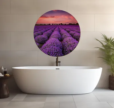 Produktbild von Wallario wasserfestes Poster selbstklebend 90 x 90 cm, Lavendelfeld unter rotem Himmel, Badezimmerposter Spritzschutz mit Hochglanzoberfläche in Glasoptik