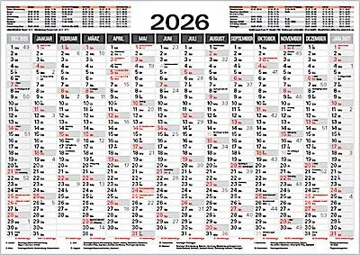 Produktbild von Tafelkalender 2026 A4 29,7x21cm: Wandkalender 14 Monate auf einer Seite I Ferientermine und Feiertage