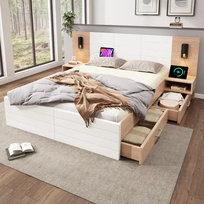 Image de Lit double en bois, structure de lit 180x200 cm avec 2 tiroirs, tête de lit avec éclairage de lecture et fonction de charge USB. Lit moderne comprenant 2 tables de chevet