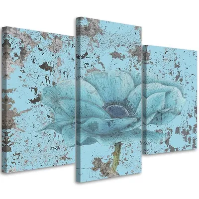 Image de Triptyque sur toile fleur marine rétro 90x60 cm Feeby bleu tableau mural prêt à accrocher