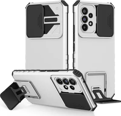 Immagine prodotto di Custodia per Samsung Galaxy A73 5G a doppio strato robusta, protezione militare con kickstand e protezione fotocamera scorrevole Bianco