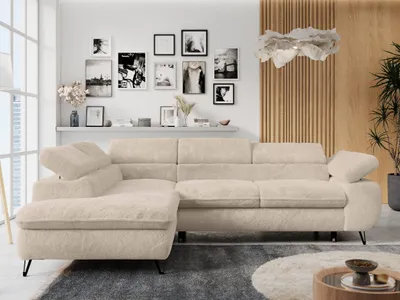 Produktbild von Ecksofa Sofa Creme, Wohnlandschaft L-Form mit Schlaffunktion und Bettkasten, Schlafsofa mit Bettkasten, Sofa mit Einstellbare Kopfstützen, Peter L - Creme Plüsch - Links Creme