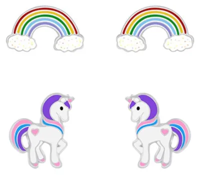 Produktbild von 2er Set Kinder Ohrringe Silber 925 Ohrstecker Einhorn & Regenbogen