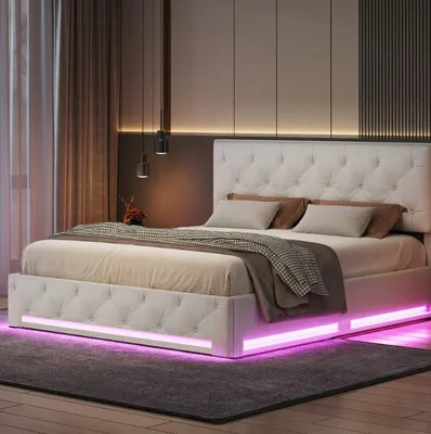 Obrázok produktu pre Postel Moonbite s úložným priestorom, 160x200 cm, ľanová, béžová farba, nastaviteľná výška čela, RGB LED osvetlenie na 3 stranách, zásuvka s hydraulickým otváraním