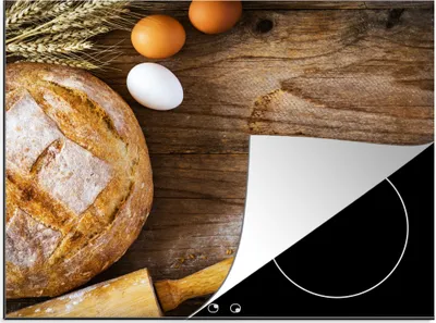 Produktbild von KitchenYeah© Herdabdeckplatte Brot - Eier - Küche , 70x52cm, Küche Deko, Glaskeramikkochfeld Herdabdeckung, Abdeckplatte fùr Kochfeld