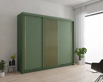 Produktbild von Kleiderschrank 250cm Pesti mit goldenen Lamellen, 3-türig mit Kleiderstange und Einlegeböden, Grün