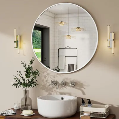 Image de Miroir rond - Cadre en aluminium blanc - 50 cm - Ø 50 cm - Pour salle de bain et entrée