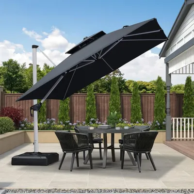 Produktbild von PURPLE LEAF Sonnenschirm 300 x 300 cm Ampelschirm Quadratischer Außenbereich Alu Doppelsonnenschirm 360° Rotation, Sonnenschutz UV50+, Grau