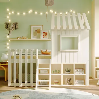 Produktbild von okwish Hochbett 90x200 Hausbett ohne Matratze mit Kletterleiter und offenem Stauraum,Kinderbett mit Dach und Fenster,Holzbett aus Massivholz,Weiß