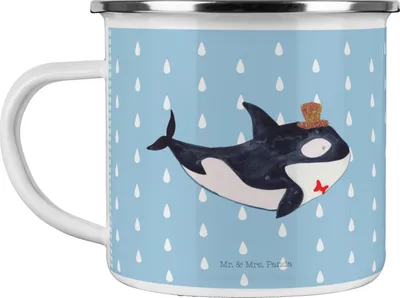 Produktbild von Mr. & Mrs. Panda Teetasse Orca Zylinder - Blau Pastell - Geschenk, Feier, Geburtstag, Motivtasse, Glückwunsch, Campingbecher, Narwal, Fest, Emailletasse, Teebecher, Meer