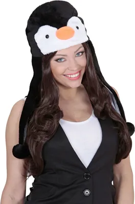 Produktbild von Pinguin Mütze Plüsch schwarz-weiss - Einheitsgröße
