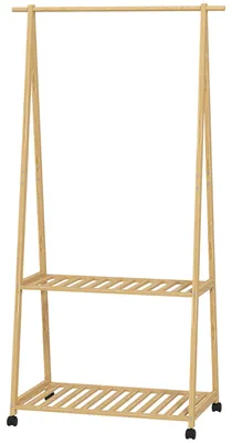Produktbild von Kleiderst?nder aus Bambus mit Rollen, 2 offenen Ablagen und 2 Haken, 84,5 x 43,5 x 158 cm, Natur