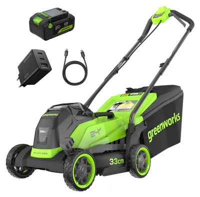 Zdjęcie produktu dla Samojezdna kosiarka akumulatorowa Greenworks 24V, szerokość koszenia 33.0 cm, bezszczotkowy silnik, bateria 4.0 Ah oraz ładowarka