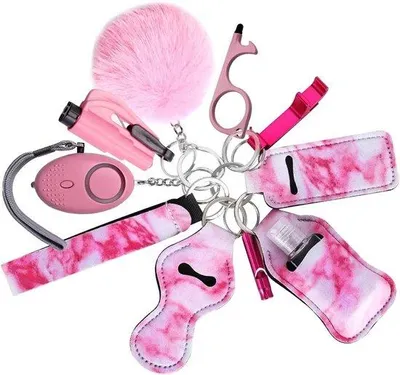 Produktbild von Sicherheits Schlüsselanhänger Set 8-fach – Persönliches Alarm & Notmesser – Selbstverteidigung Accessoires – Rosa