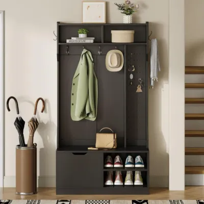 Produktbild von Garderobenset, Komplett-Set Flurgarderobe mit Sitzbank, 6 Haken, 1 Türen & 4 Offener Lagerraum 100×185.5×40 cm