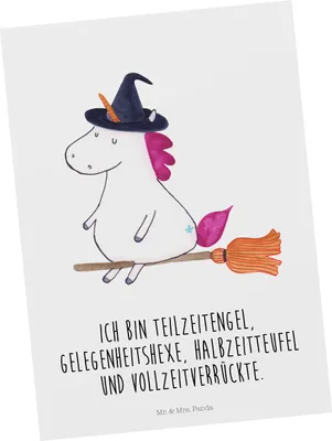 Produktbild von Mr. & Mrs. Panda Postkarte Einhorn Hexe - Weiß - Geschenk, Ansichtskarten, Unicorn, bildkarte, Engel, Ehefrau, Einhörner, Ansichtskarte, Teufel, Grußkarte, Postkarten