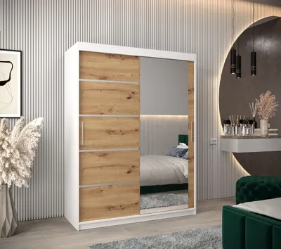 Obrázok produktu pre Šatníková zrkadlová skriňa ADELA - 150 cm, biela / dub artisan