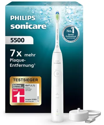 Productafbeelding van Philips Sonicare 5500 serie, model HX7110/01. Oplaadbare elektrische tandenborstel, voor volwassenen, sonische technologie, blekende werking, 62.000 bewegingen per minuut, wit, wit