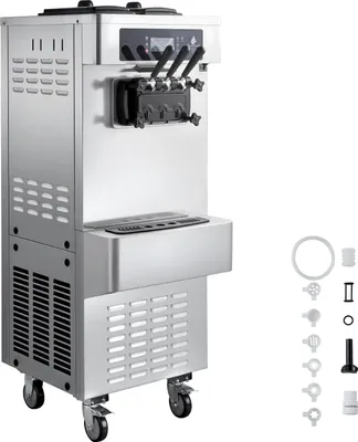 Obrázek produktu pro SucceBuy Volně stojící stroj na výrobu měkké zmrzliny 20–28 l/h, zmrzlinovač 2200 W, komerční stroj na výrobu zmrzliny se 3 příchutěmi, 2 nádobami o objemu 6 litrů, funkcí předchlazení a výstražným systémem při nízké hladině směsi