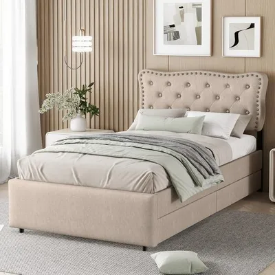 Produktbild von Odikalo Polsterbett Flachbett Kopfteil Lattenrost Nieten 2* Schubladen 90x200 Beige