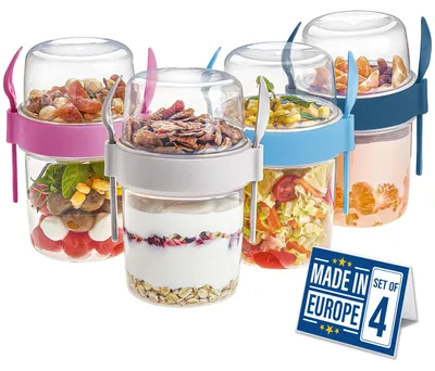Joghurtbecher-Set 4er-Pack, 650 ml, BPA-frei, spülmaschinengeeignet, mit Löffel