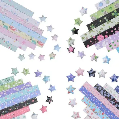 Produktbild von 2080 Blumenpapierstrohnen für Origamistern, 4 verschiedene Stile, farbenfroher Druck, Glückssterne, Papier für Basteln, Handarbeiten und Schularbeiten.