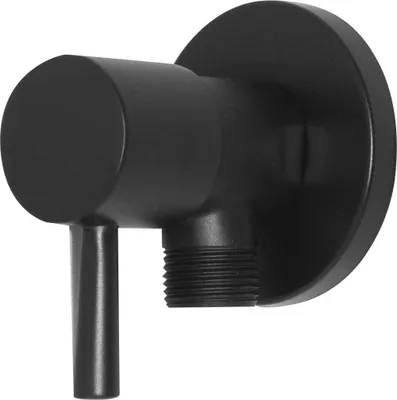 A black metal valve with a handle and threaded connection.