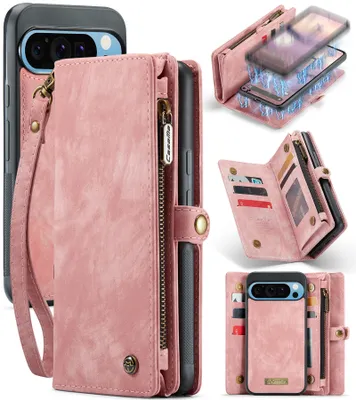 Obrázek produktu pro Pouzdro pro Google Pixel 9 Pro XL, Vintage Multifunkční Kožené Pouzdro s Přihrádkami na Karty a Zipem růžové