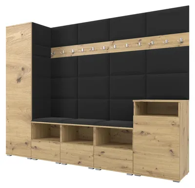 Obrázek produktu pro Šatní skříň NELA XI 250 cm – modulární nábytek do předsíně Artisan z dubového dřeva s černým polstrováním 16 (velká sada)