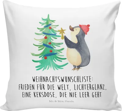 Produktbild von Mr. & Mrs. Panda Kuschelkissen Pinguin Weihnachtsbaum - Weiß - Geschenk, Dekokissen, Deko Kissen, Polster, Winter, zier, 40x40, Weihnachten, Wintermotiv