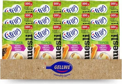 Zdjęcie produktu dla Fitella Musli chrupkie tropikalne z papają, ananasem, bananem i nasionami chia 300g