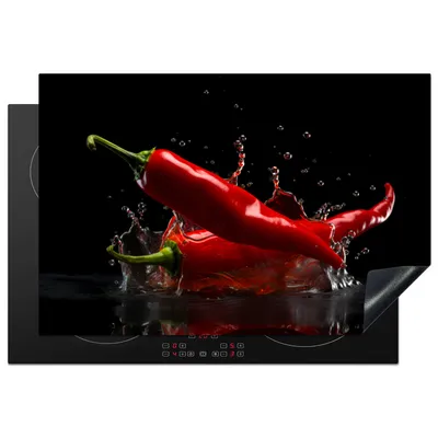 Produktbild von KitchenYeah© Herdabdeckplatte Paprika - Rot - Schwarz - Wasser - Gemüse , 78x52cm, Küche Deko, Glaskeramikkochfeld Herdabdeckung, Abdeckplatte fùr Kochfeld