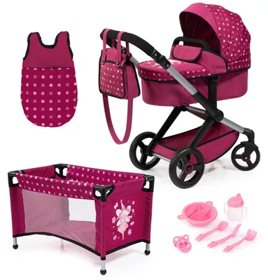 Immagine prodotto di Carrozzina per bambole combinata Xeo Mega Set, rosso bordeaux con fata - per piccoli genitori di bambole