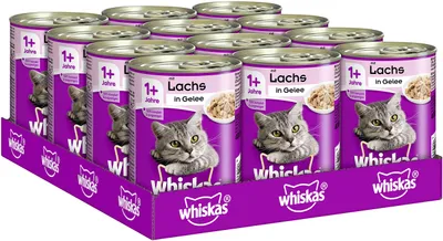 Productafbeelding van Whiskas kattenvoer, natvoer voor volwassen katten (1 jaar en ouder), met zalm in gelatine, 12 blikken (12 x 400g)