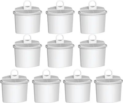 A collection of ten white water filter cartridges arranged in three rows.