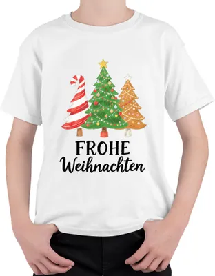 Produktbild von FROHE Weihnachten Weihnachtsbaum Tannenbaum Zuckerstange Lebkuche Uni Kinder T-Shirt, Weiß, 152