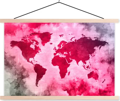 Produktbild von MuchoWow® Textilposter Weltkarte - Rot - Schwarz 120x80 cm mit holzfarbenen Rahmen - Aufhängeset