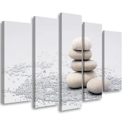 Produktbild von 5-teiliges leinwandbild zen-steine beige 150x100 cm Feeby grau wandbild bereit zum aufhängen