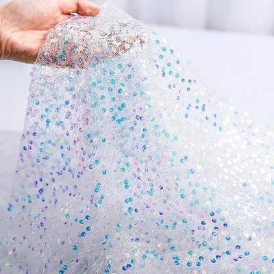 Produktbild von Irideszierender Pailletten Tüllstoff - Mesh Stoff 5m x 130cm - Glitzer Spitze Zum Nähen - Atmungsaktives Polyester - Für Kleider Hochzeit Deko - Weiß