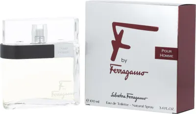 A bottle of F by Ferragamo Pour Homme eau de toilette and its packaging are displayed side-by-side against a white background.