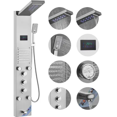 A collage of images showcasing a stainless steel shower panel system with various features and close-ups of its components.