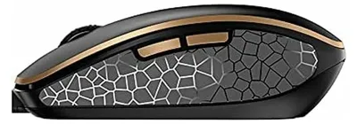 A side view of a black wireless computer mouse with gold accents and a patterned grip.