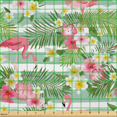 Image de ABAKUHAUS Tissu satiné Flamingo vendu au mètre, flamants roses avec feuilles hawaïennes exotiques fleurissant sur fond vintage rayé, 5 m (148 x 500 cm), vert blanc rose
