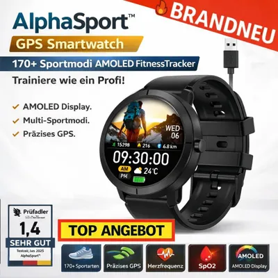 Zdjęcie produktu dla AlphaSport™ Smartwatch GPS 170+ trybów sportowych AMOLED FitnessTracker Tętno SpO2: Midnight Black