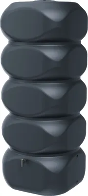A dark gray, modular water barrel is shown standing upright against a white background.